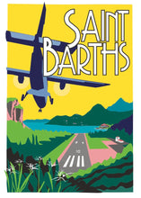Load image into Gallery viewer, welcome to saint barth poster illustration art print stbarths artprints eden rock oetkercollection hotel villa st barthelemy airfrance winair tradewind st barth commuter airport landing andy smith bucket regatta spacegallery clicstbarth tourism assouline stbarthsartprints.com