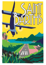Load image into Gallery viewer, welcome to saint barth poster illustration art print stbarths artprints eden rock oetkercollection hotel villa st barthelemy airfrance winair tradewind st barth commuter airport landing andy smith bucket regatta spacegallery clicstbarth tourism assouline stbarthsartprints.com
